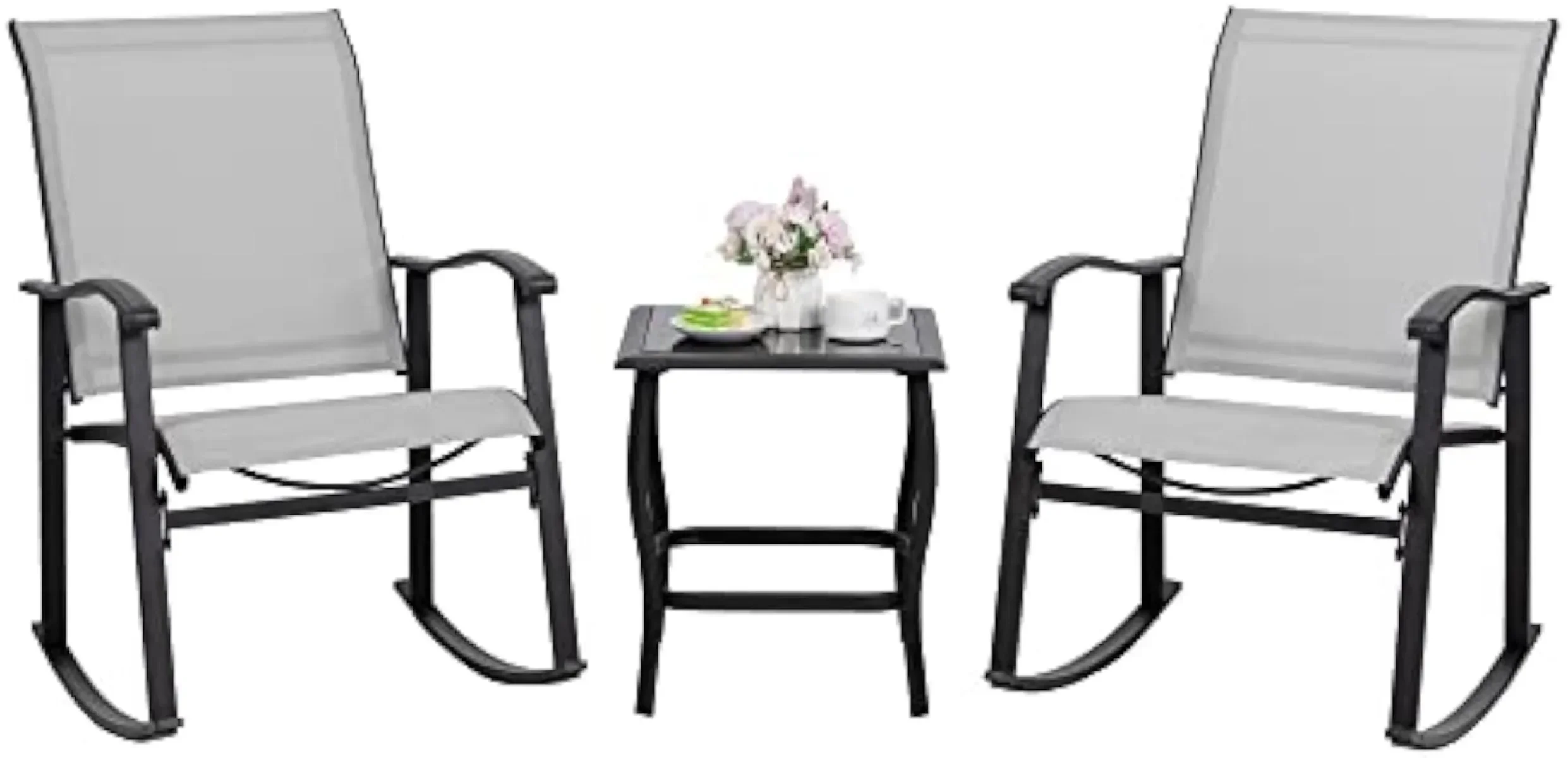 3 Piece Rocking Bistro Set, Outdoor Furniture with Rocker Chairs and Glass Coffee Table Set of 3, Balcony, Light Gray