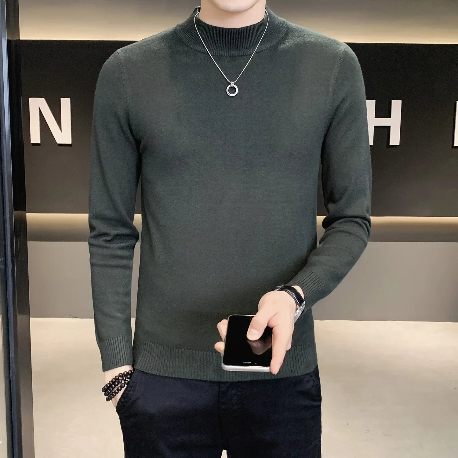 Autumn Winter Loose Casual Mock Neck Sweater Men Fashion Knitted Pullovers Men Solid Color Warm Harajuku Knitting Sweater Man