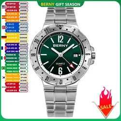 BERNY GMT Quartz Men's Watches Fashion Business 24H Military Watch Luminous Luxury Male Clock Stainless Steel Waterproof