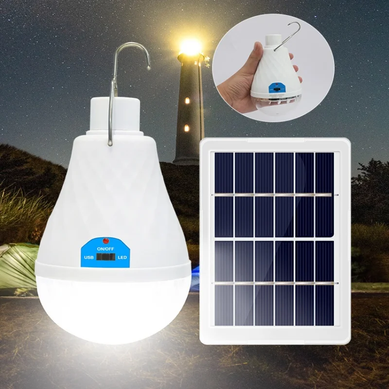 LED Solar Light Bulb Waterproof Outdoor USB Charging Suspension Emergency Fluorescent Light Portable Strong Indoor Light