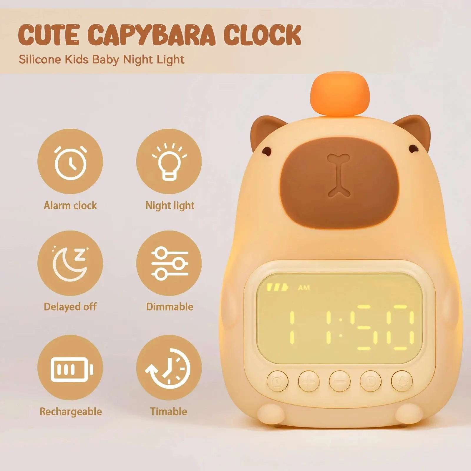 Cute Rechargable Digital Alarm Clock Night Light Touch Snooze Always-on Display Desktop Table Clock 12/24H Alarm Music LED Clock