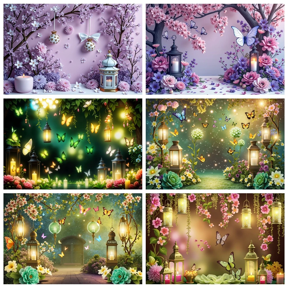 

MOON.QG Girls Balloon Hanging Flowers Birthday Photocall Backdrop Purple Butterfly Spring Fairy Forest Photography Background