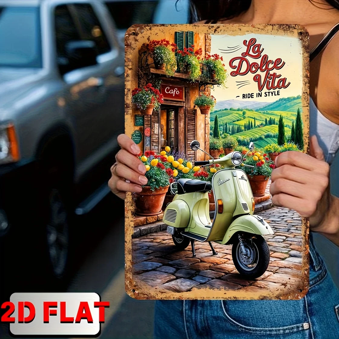 1 Piece Vintage Italian Countryside Metal Plaque - La Dolce Vita Scooter Poster - Rustic Cafe Wall Art Decor - Suitable for RV