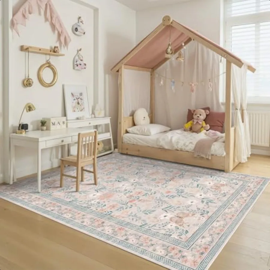 

Pink Floral 5x7 Washable Area Rug Boho Non Slip Low Pile Rugs for Bedroom Girls Nursery Room Dining Room Livingroom Coral 5x7f