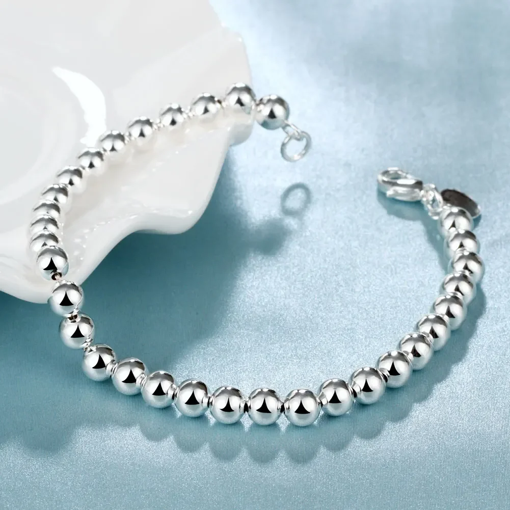 Hot Fashion 6mm Beads Chain 925 Sterling Silver Bracelet For Men Woman Wedding Party Christmas Gifts High Quality Fine Jewelry