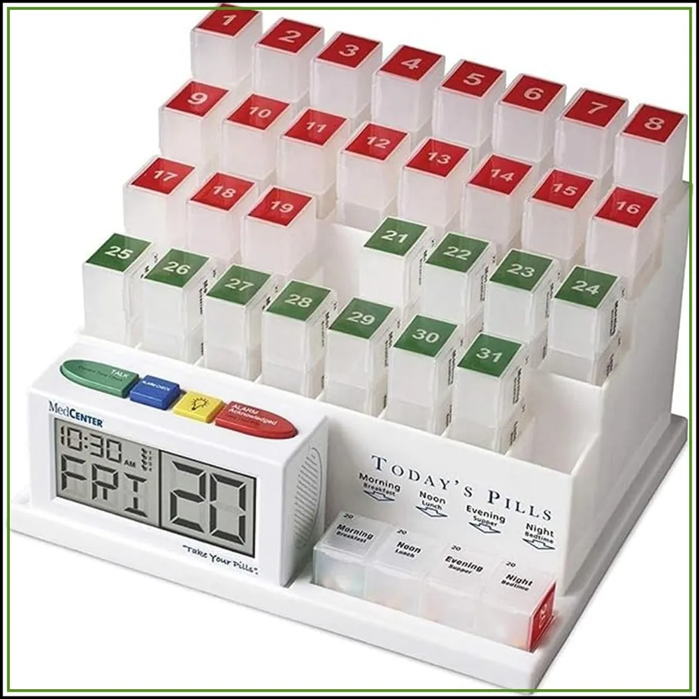 MedCenter 31-Day Pill Organizer with 4-Time Talking Alarm, Daily Medication Dispenser