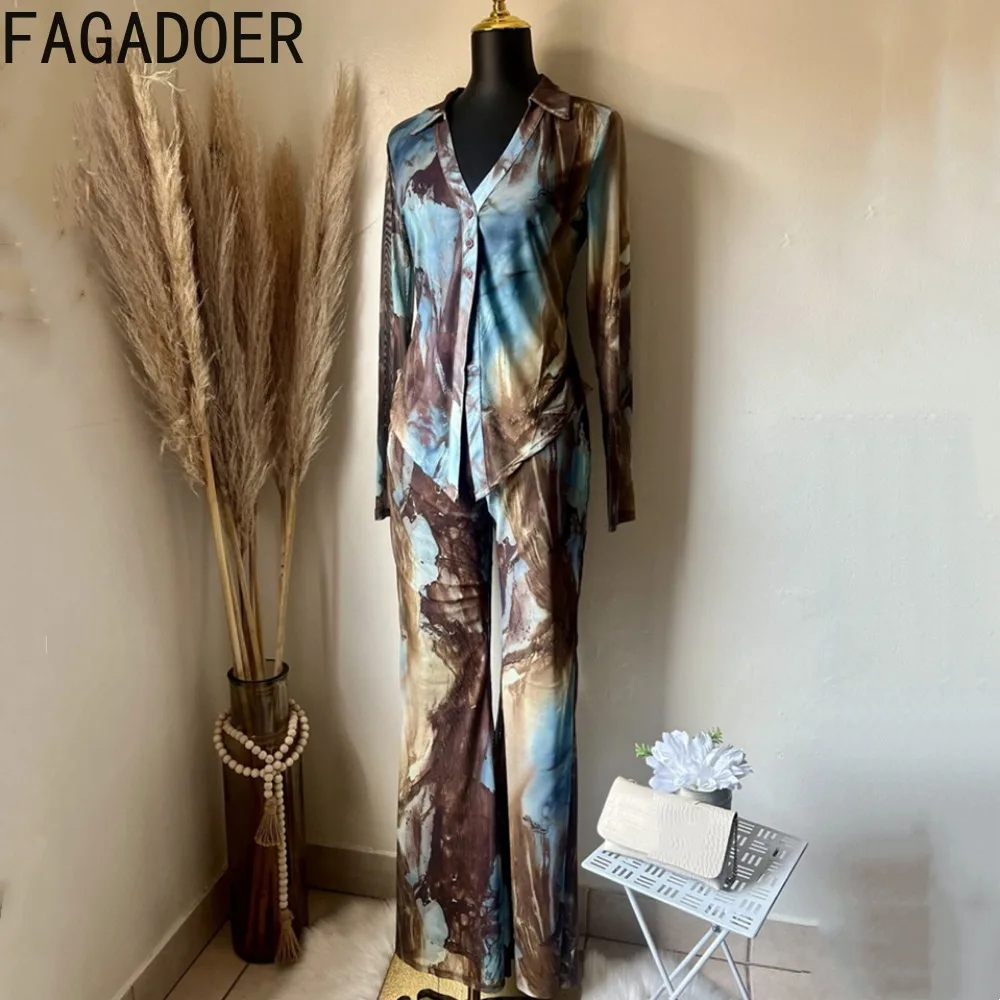 FAGADOER Printing Mesh 2 Piece Sets Women Outfit Sexy See Through V-neck Buttons Top And High Waist Flare Pants Elegant Suits