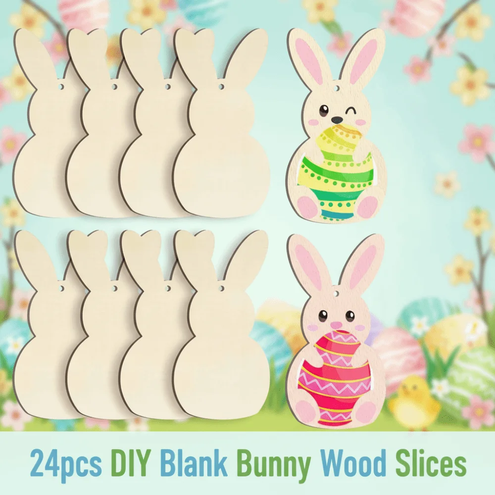24pcs/set DIY Color Easter Bunny Wood Card Unfinished Painting Toy Easter Rabbit Craft Smooth Pendant Blank Bunny Wood Slices