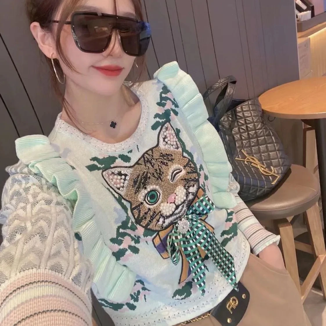 Women New Pink Sweaters Cat Embroidery Beadings Appliques Pullovers Winter Autumn Lady Knitted Ruffles Cute Jumpers Tops NS866