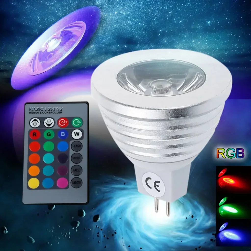 Lâmpada LED sem fio com controle remoto para casa, lâmpada que muda a cor, MR16, 3W, 16 cores, 80LM, RGB, AC, DC 12V, IR