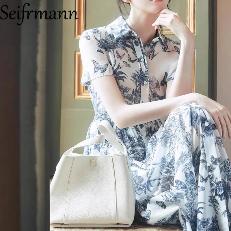 Seifrmann Damen Elegantes High Street Blumenkleid Sommer Kurzarm Umlegekragen Einreihiges Schnürkleid Big Swing Kleid