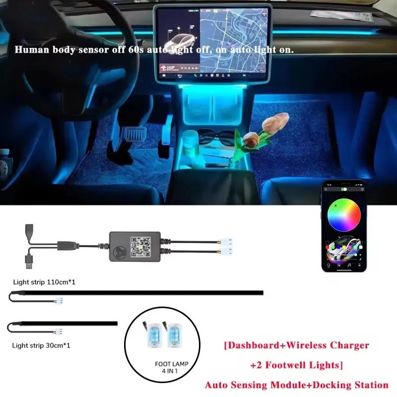 For Tesla Model 3/Y 2 IN 1 Dynamic Neon RGB Car LED Ambient Lighting 60s Automatic OFF Module Dashboard Lighting Decorative Lamp