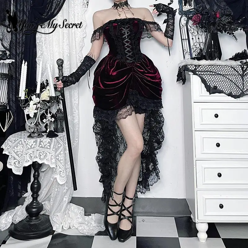 [Eres mi secreto] vestido largo sexi de terciopelo rojo oscuro para chica, falda elegante de encaje de cintura alta, ropa de mujer, vestido de fiesta 2025