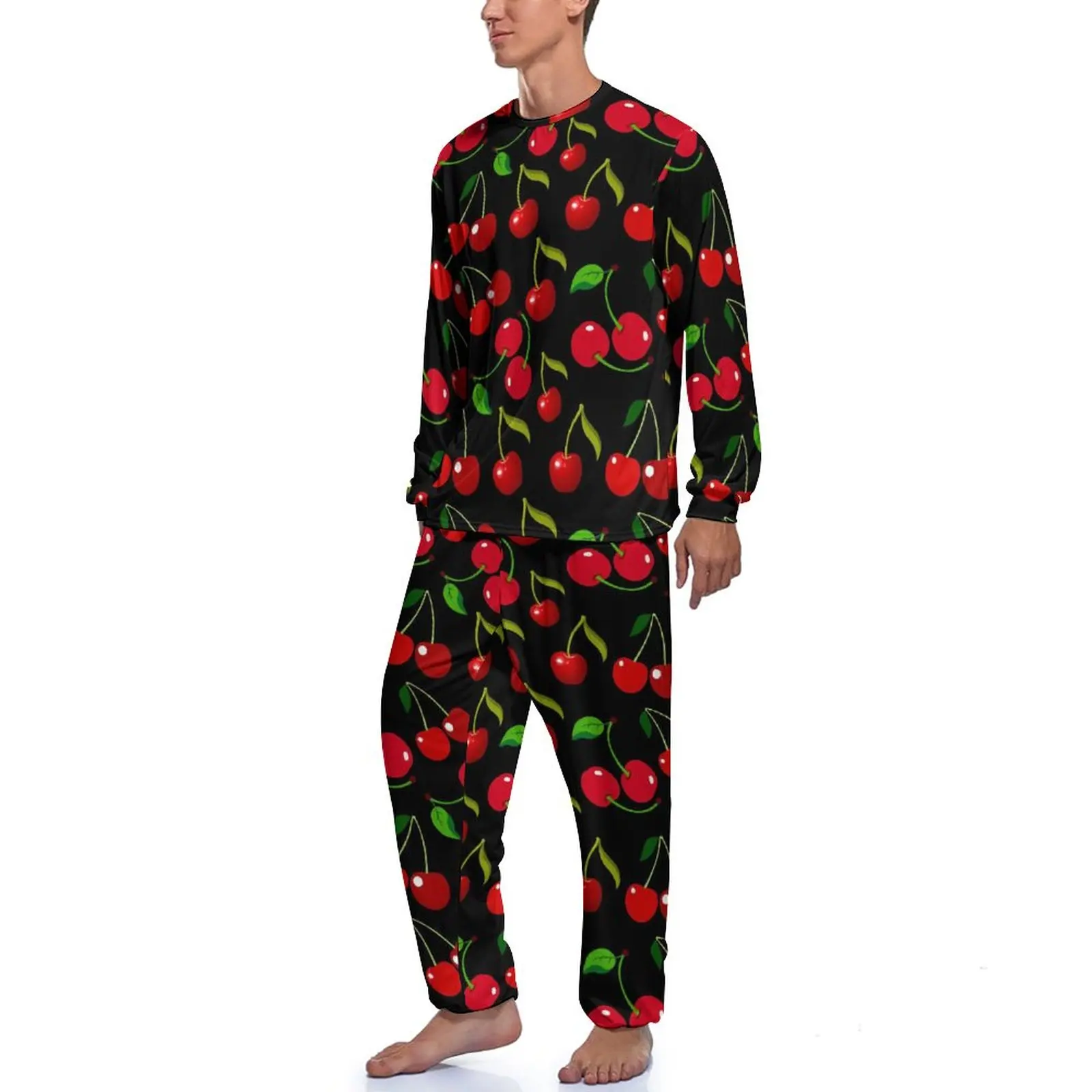 Red Cherries Print Pajamas Man Green Leaves Cute Sleepwear Autumn Long-Sleeve 2 Pieces Room Design Pajamas Set