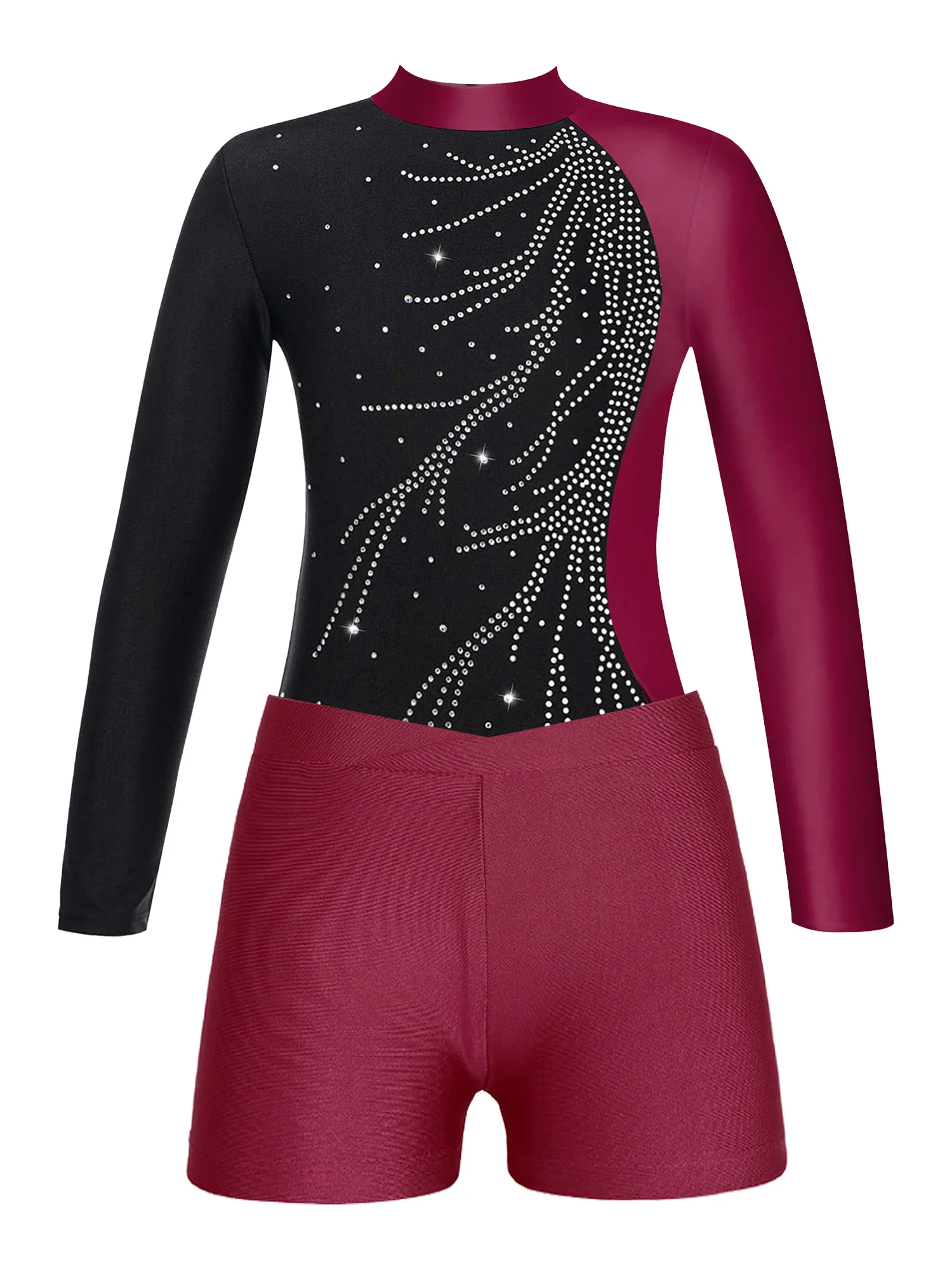 

Kid Girls Long Sleeve Mock Neck Shiny Rhinestones Adorned Keyhole Back Leotard with Soild Color Shorts for Dance Skating Workout