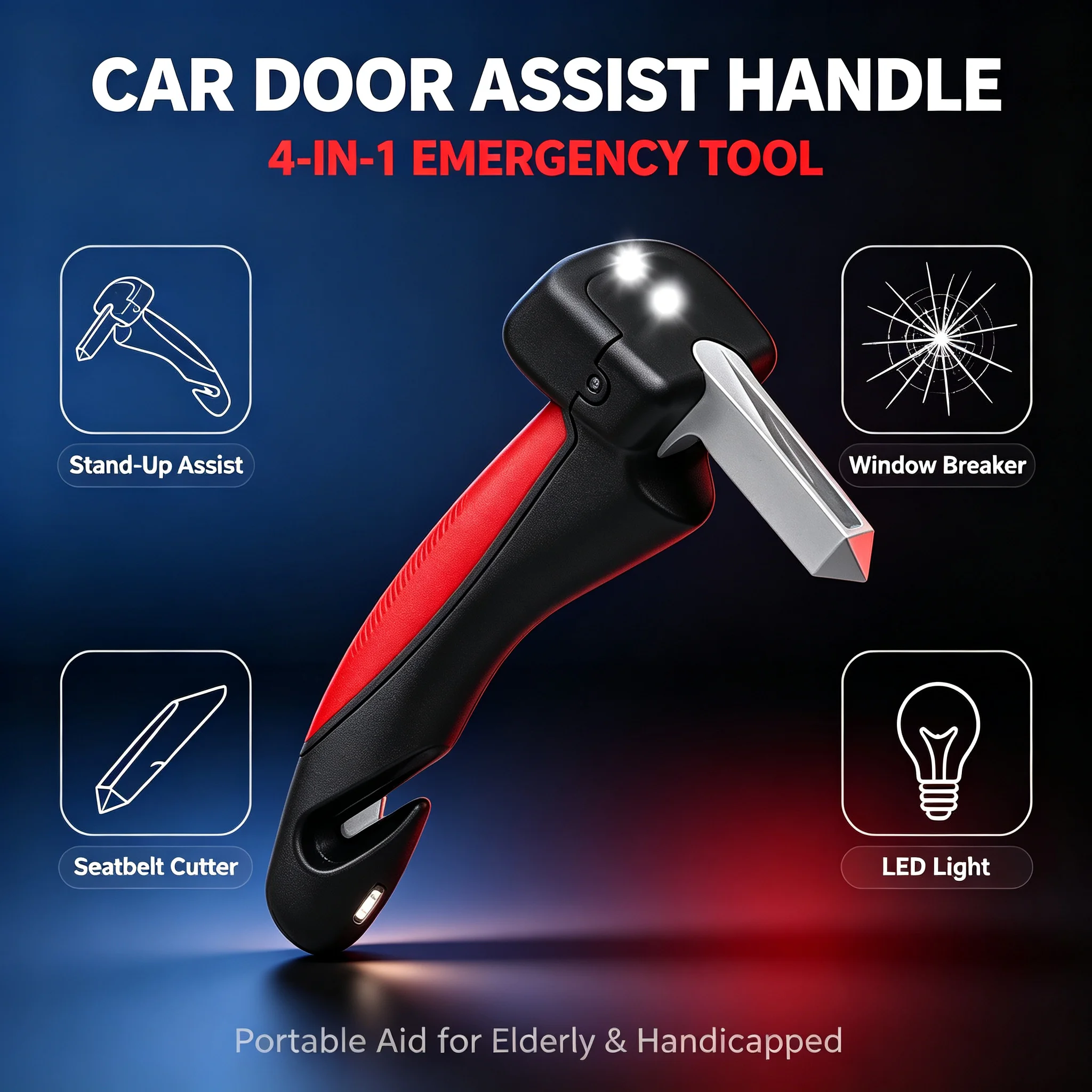 1Pcs Car Door Assist Handle, Window Breaker LED Light Portable Support for Elderly Disabled