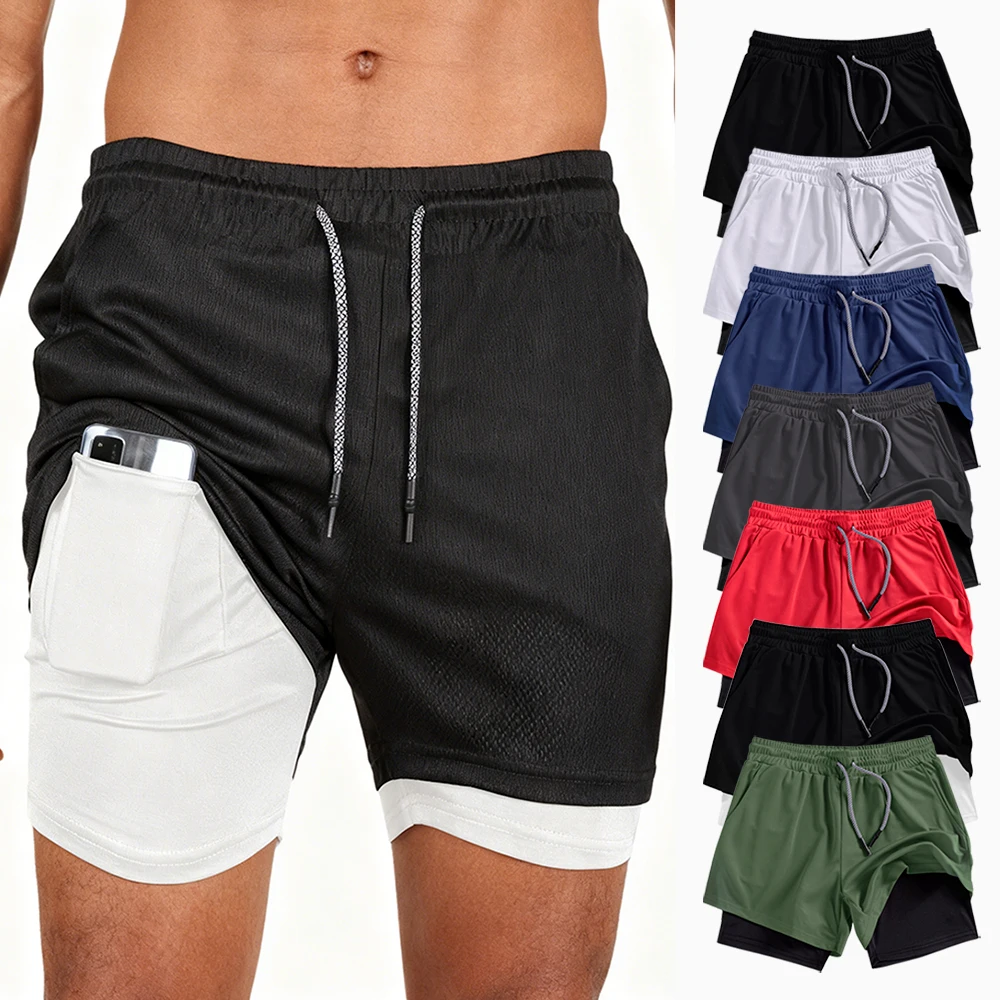 Men's Multi-Color Dual-Layer Quick Dry Sports Shorts Breathable Casual Running Gym Workout Athletic Shorts with Phone Pockets