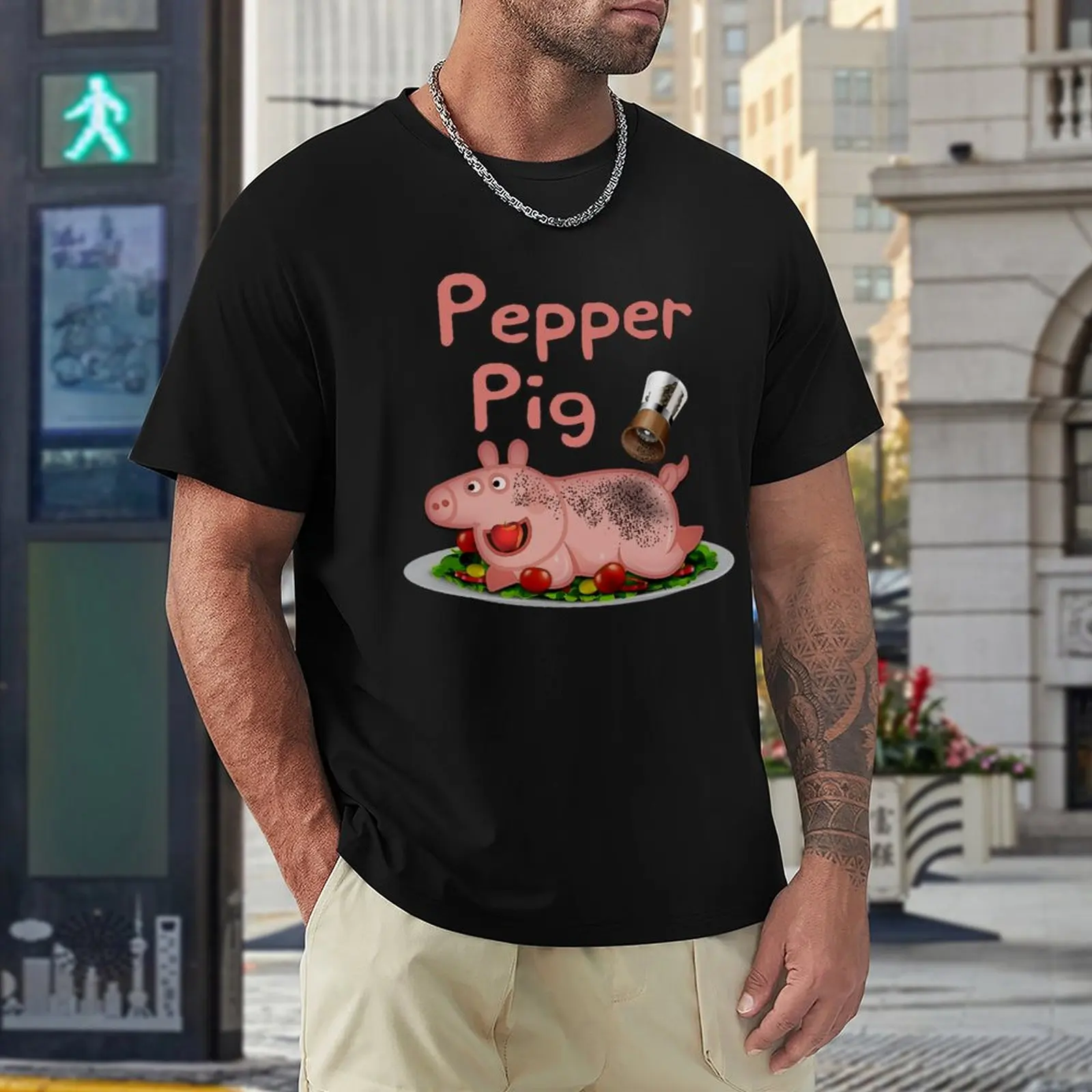 Roasted Pepper Pig T-Shirt basketball graphic tees cute tops clothing for men Casual Streetwear Oversized T-Shirt Pure Cotton