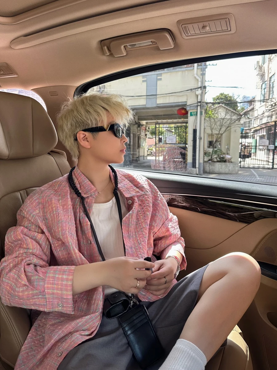 

Retro American Spring Autumn Plaid Long Sve irt Oversize Casual Loose Couple irt Women's Men's Bubble Pink Cheered