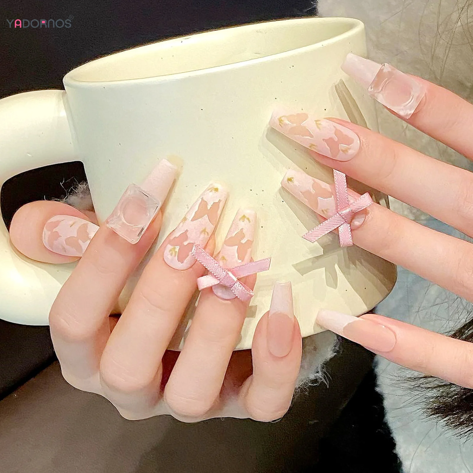 Imprensa artesanal nas unhas com borboleta impressa, unhas falsas longas bailarina, rosa fosco, Bowknot de seda, unhas falsas projetadas