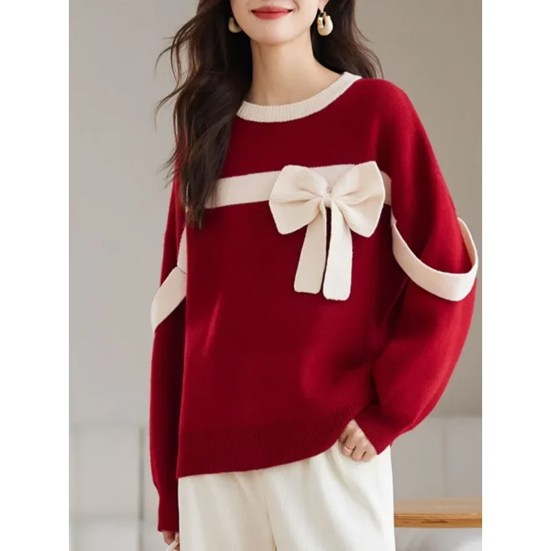 Red Sweater Women's Autumn/Winter 2024 New Style Loose Fit Knit Top Crew Neck Design Chinese Landscape Pattern