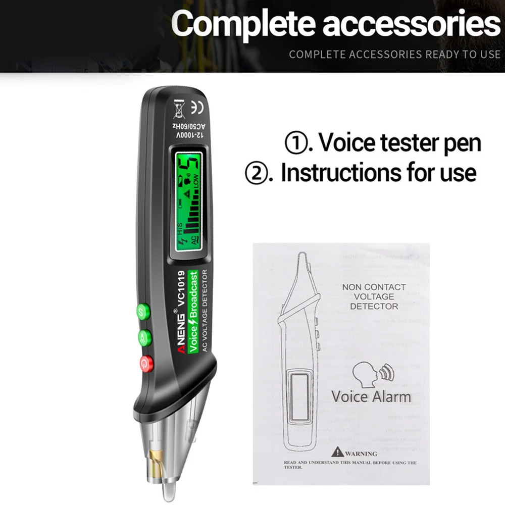 VC1019 Red Laser Test Pen Voice Broadcast Voltage Detector 12-1000V Volt Current Non-Contact Pen Electric Tester Meter Tool