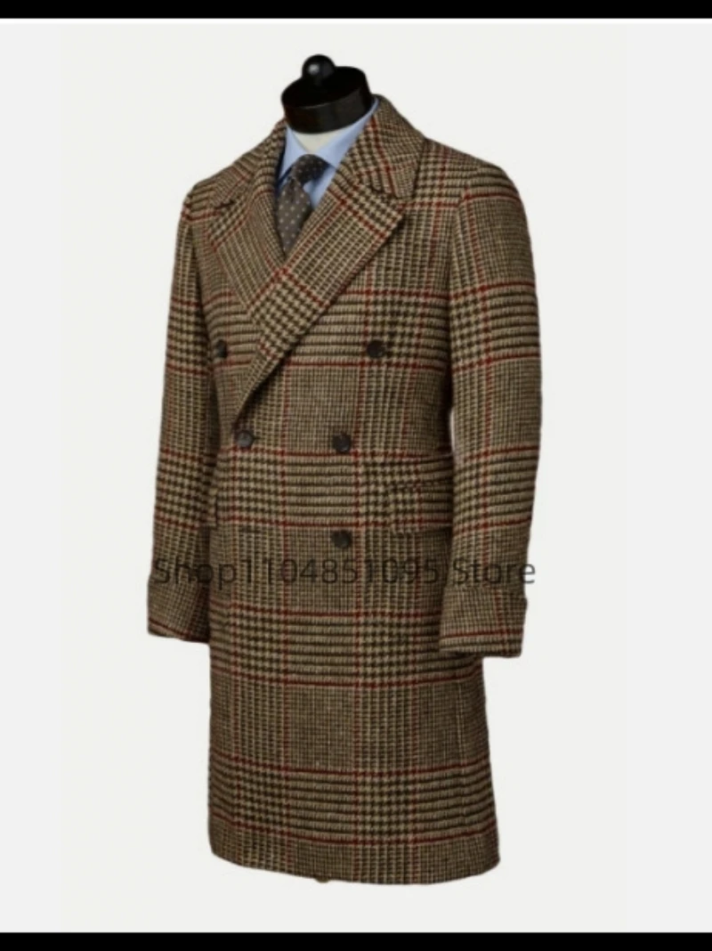 

New Men's Blazer with Double Breasted Business Suit Jacket Peak Lapel Jacket Brown Houndstooth Male Fashion Long Woolen Coat
