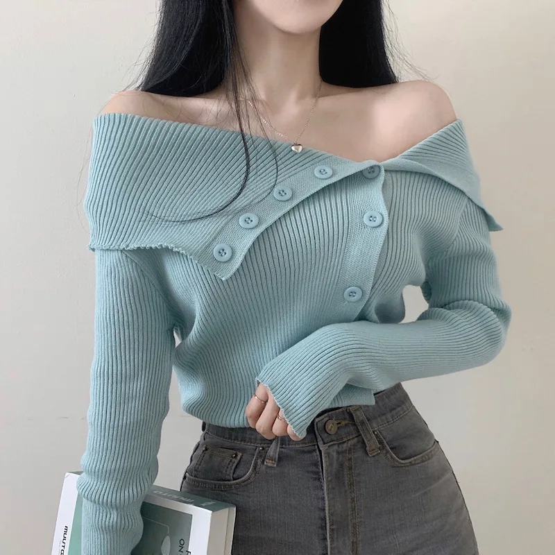 Office Lady Long Sleeve Knit Tops Women Sexy Off Shoulder Sweater Autumn Winter Korean Fashion Slim Fit Cardigans Clothes 29336