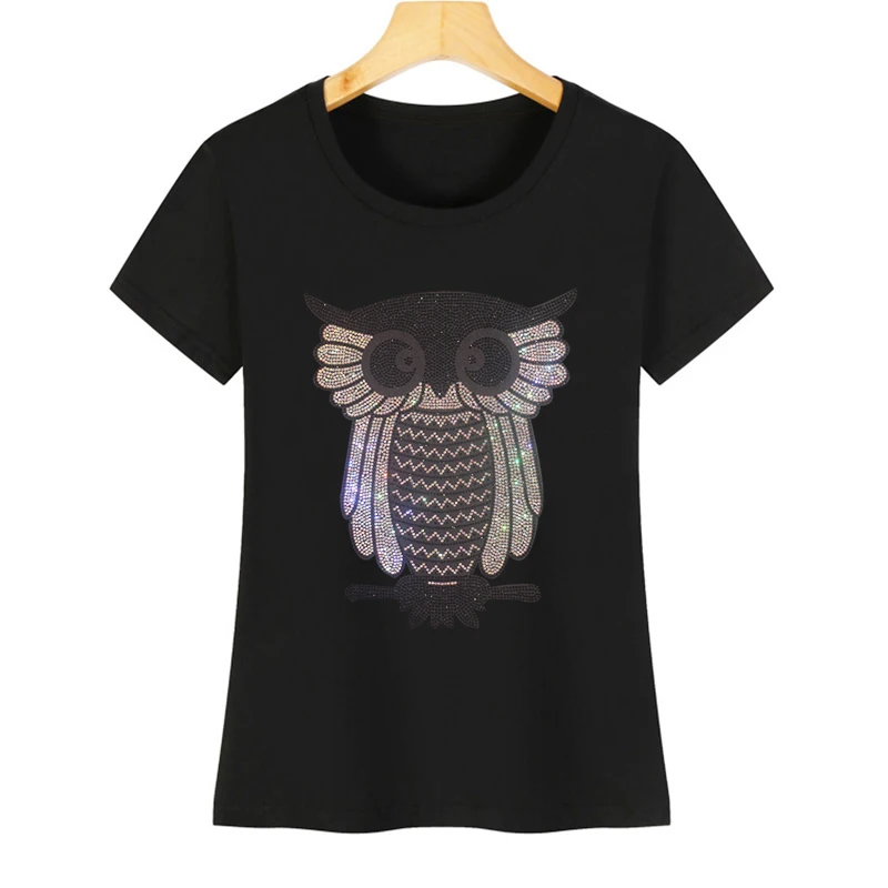 Embroidered printing hot diamond lady's T-shirt shiny crystal owl casual cotton women's T-shirt