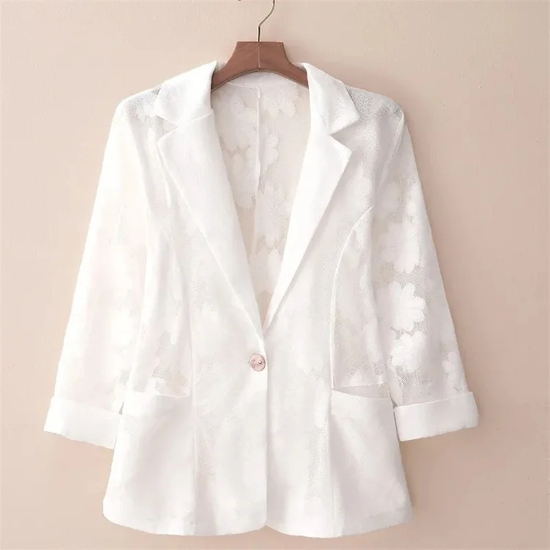 Blazer de renda de manga fina para mulher, jaqueta slim fit, terno pequeno, top selvagem, versão coreana, primavera e verão, 2023