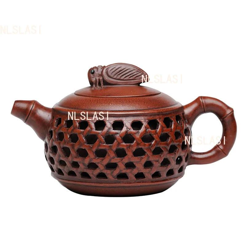 280ml Purple Clay Hollowed Out Teapot Bamboo Woven Tea Pot Chinese Cicada Chirping Antique Teapot Household Yixing Teapot