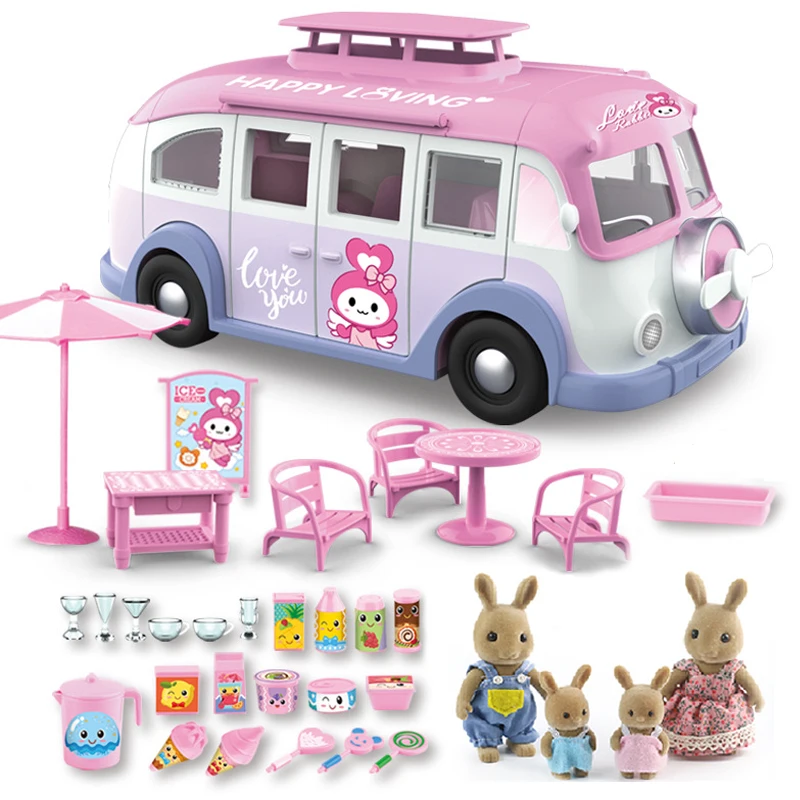 Camping Car Kids Picnic Ice Cream RV Set 1:12 Forest Animal Family Dolls Parasol Table Chair Stickers Suit Pink Children Toys