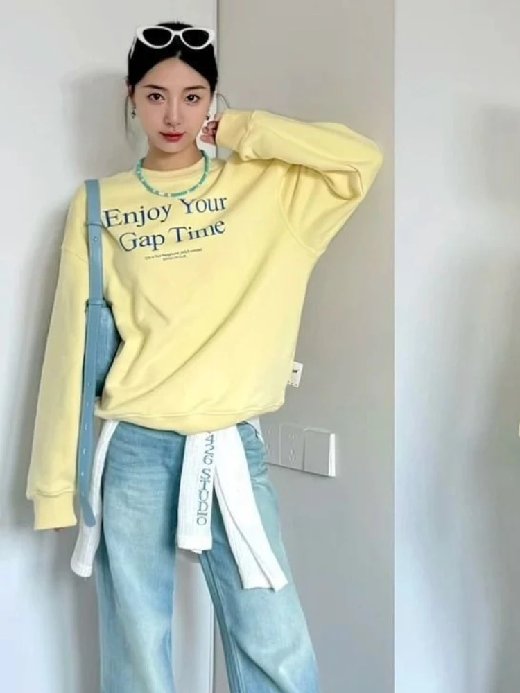 Deeptown Korean Style Letter Sweatshirt Women Sweet Vintage Butter Yellow Hoodies Casual Oversize Street Long Sleeve Pullover
