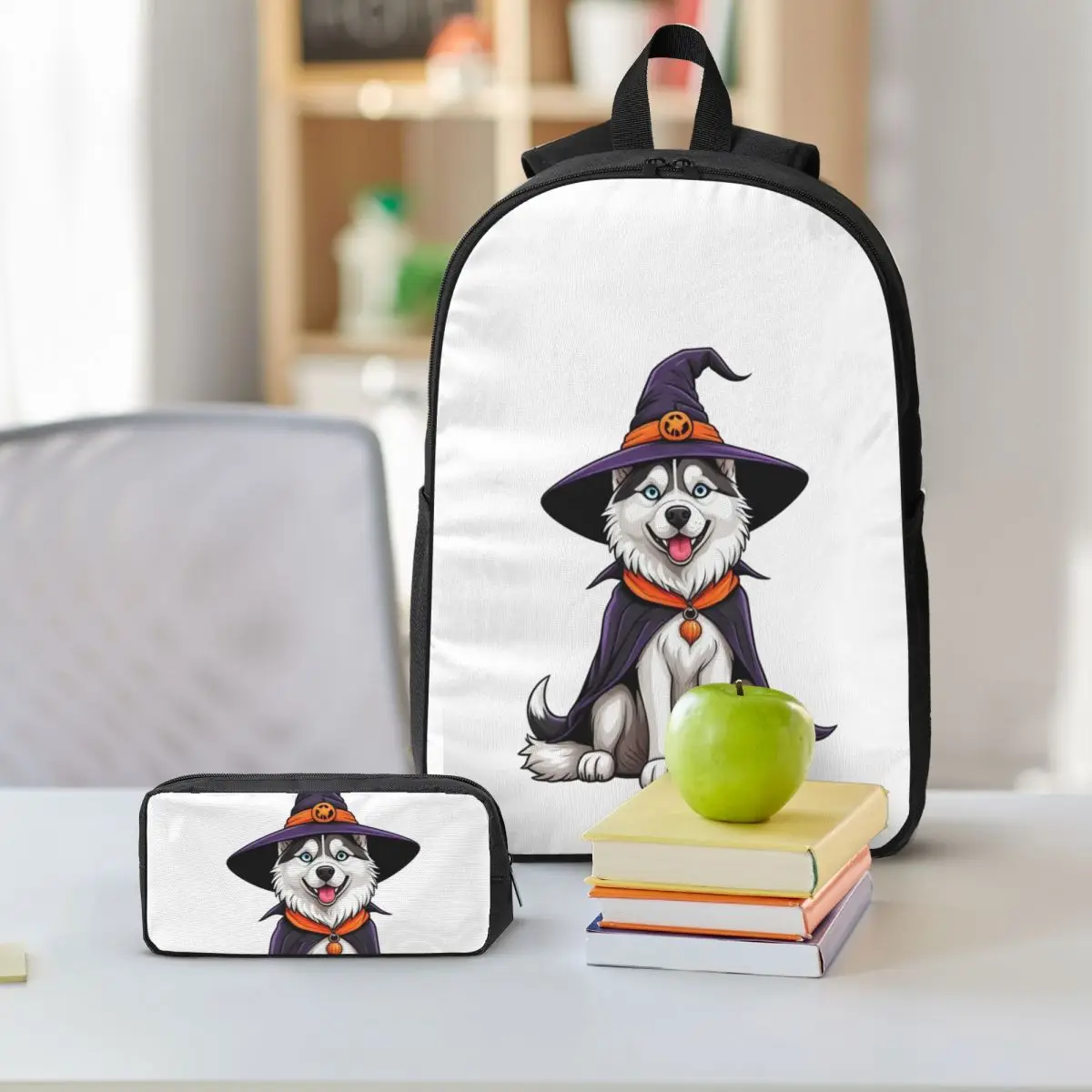 Husky siberiano Halloween Strega Decor Amante dei cani Regalo Zaino Ragazzi Ragazze BookBag Borsa da scuola 3ps Borsa da pranzo isolata Astuccio