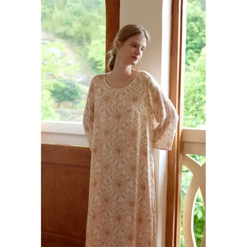 فستان نوم مطبوع عليه زهور على الطراز الصيني، فستان نوم أنيق بأكمام طويلة من الساتان، ملابس نوم مريحة للنساء