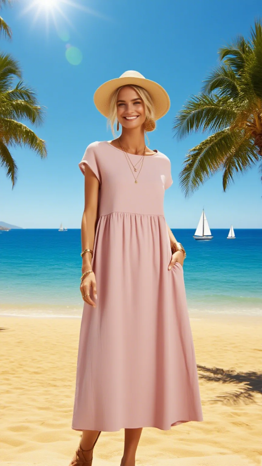 Vestido retro de cor sólida feminino 2025 verão elegante em torno do pescoço vestido de manga curta feminino casual solto saia de sol saia longa