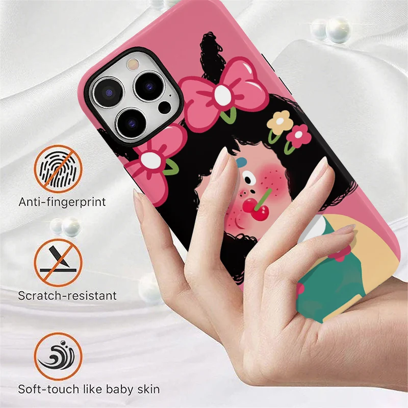 Cartoon Girl Pink Background Kawaii Style Cute Illustration Dual-Layer Hybrid Phone Case for iPhone 12-17 Series - view 5