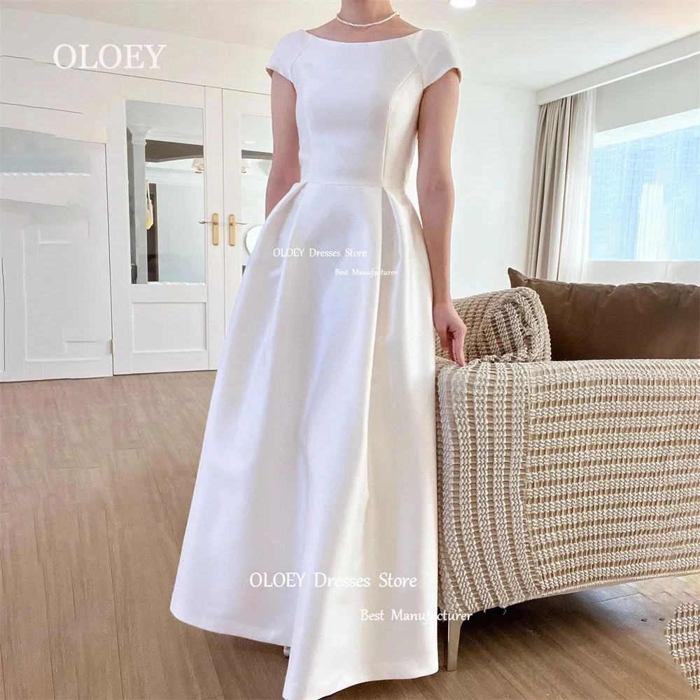 

OLOEY Simple Ivory Satin Wedding Dress Korea Photoshoot Short Sleeves Bridal Gown O Neck A Line Custom Made Waist Pleats