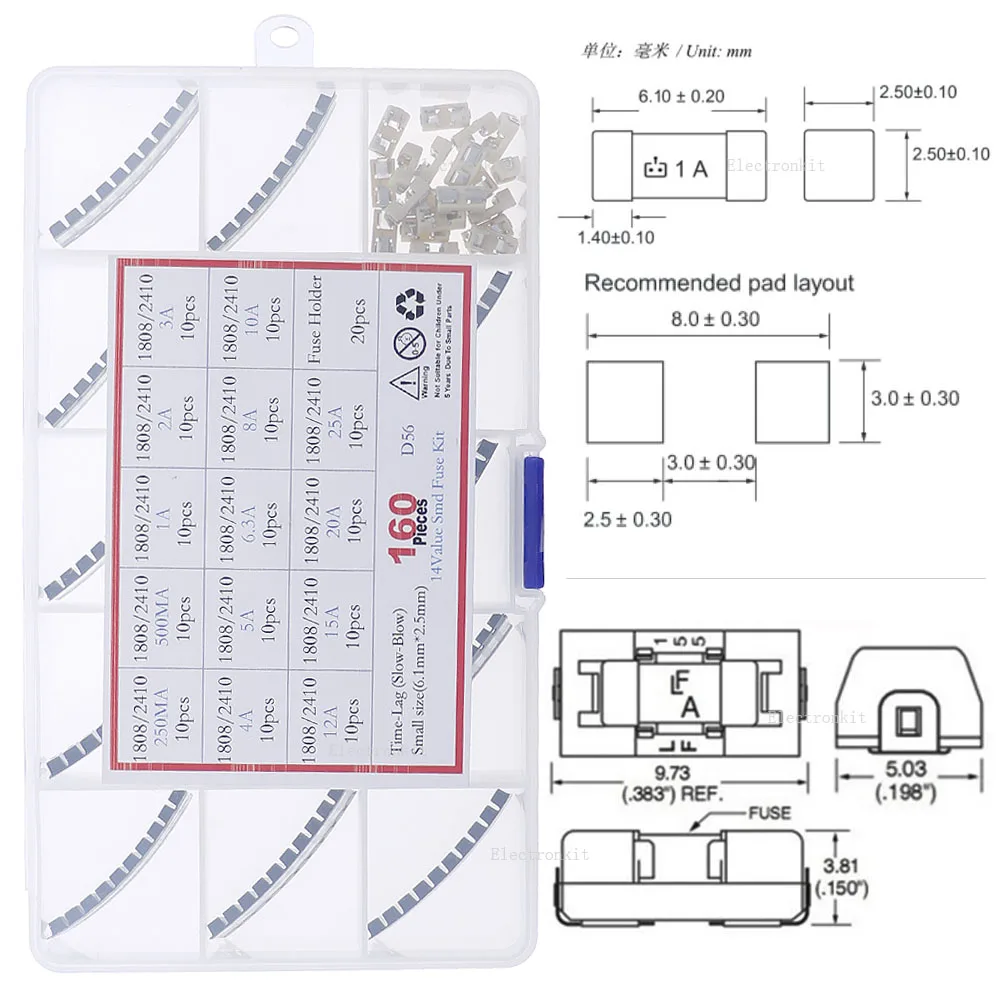 160pcs 15Values 250V 1808/2410/6125 Ceramic SMD Slow blow Fuse Box kit 250mA 500mA 1A 2A 3A 4A 5A 6.3A 8A 10A 12A 15A 20A 25A