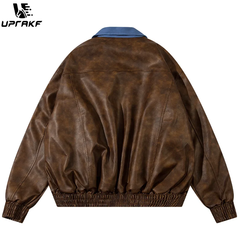 UPRAKF Fashion PU Faux Leather Jacket Loose Button Coat Fall Winter American Retro Streetwear Long Sleeve Outwear Chic