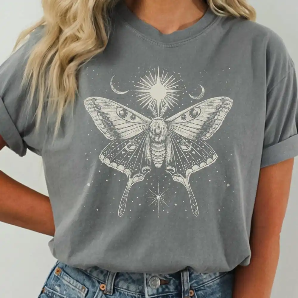 Moth Comfort Shirts Dark Academia Celestial Whimsigoth Forestcore Bookish Casual Short Sleeve Shirt Y2K Unisex Top Streetwear