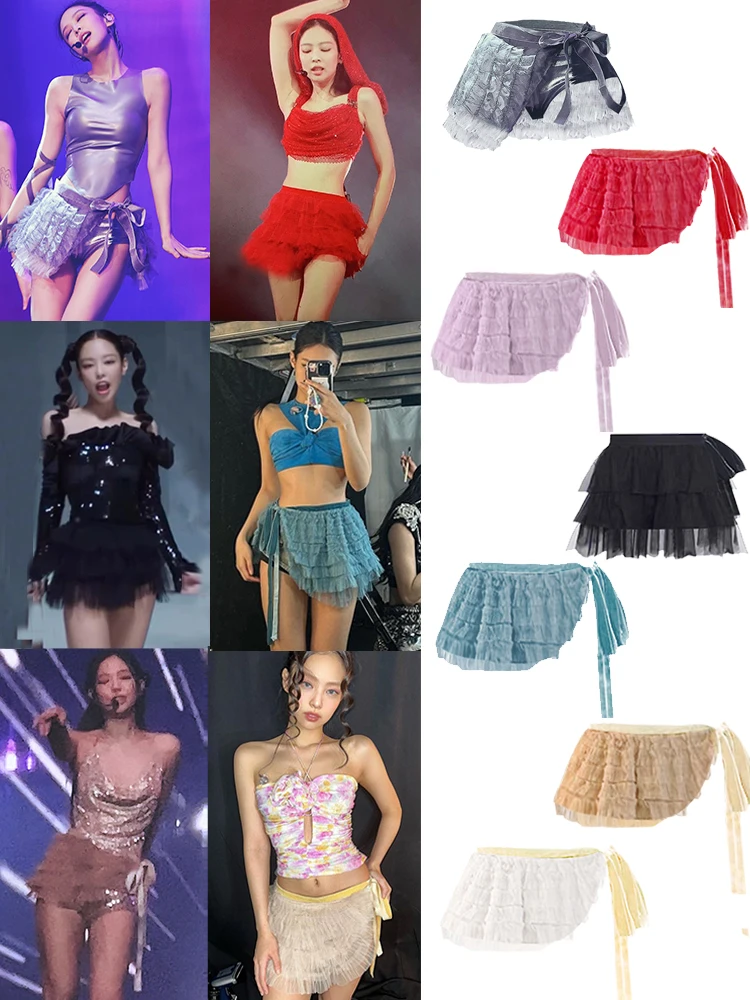  Jisoo Concert Sexy Tulle Puffy Cake Skirt Bowknot Short Princess Half Skirt Simple Style Dance Fitness Skirt
