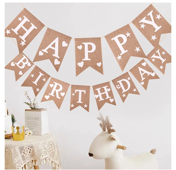 Burlap Banner for Kids, Happy Birthday, Swallowtail Flag, Star Heart Letters, Garland, Backdrops Decor