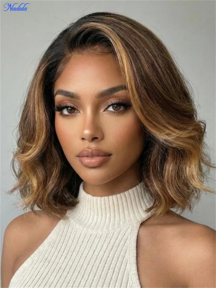 

Парик Nadula Highlights Wavy Bob без клея с темными корнями, 13X4, без узлов, не скользит, короткий боб, из натуральных волос, готовый к носке