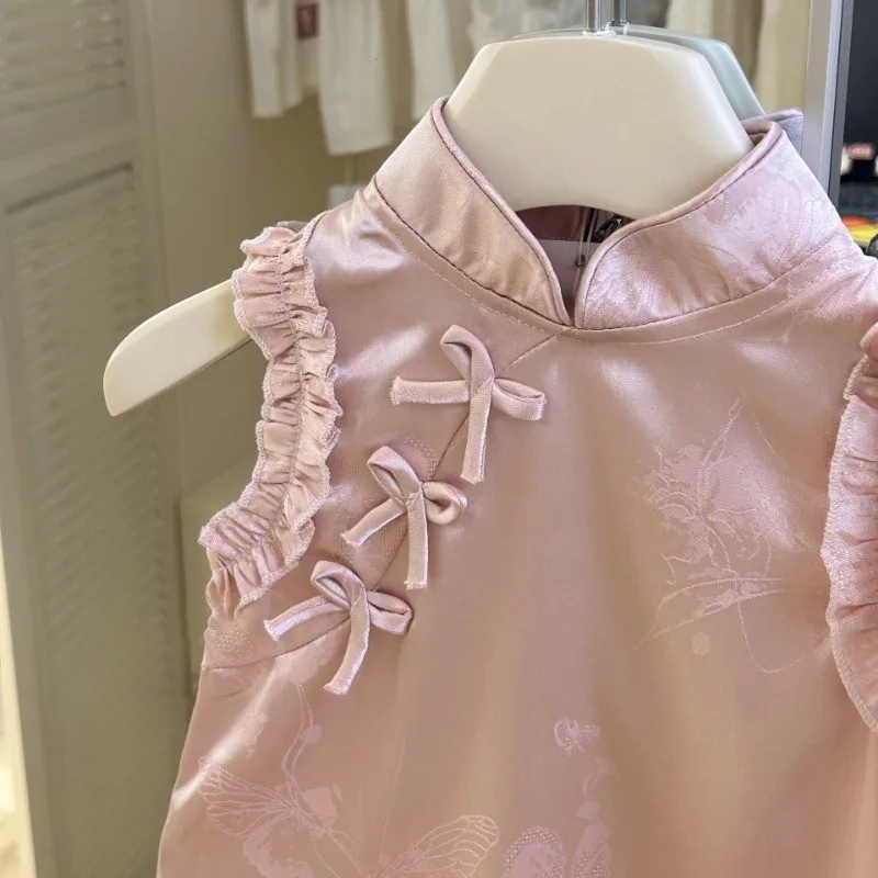 Dresses For Kids Girls 1-6 Years Summer Chinese Cheongsam Pink Dresses Kids Princess Festival Party Dresses