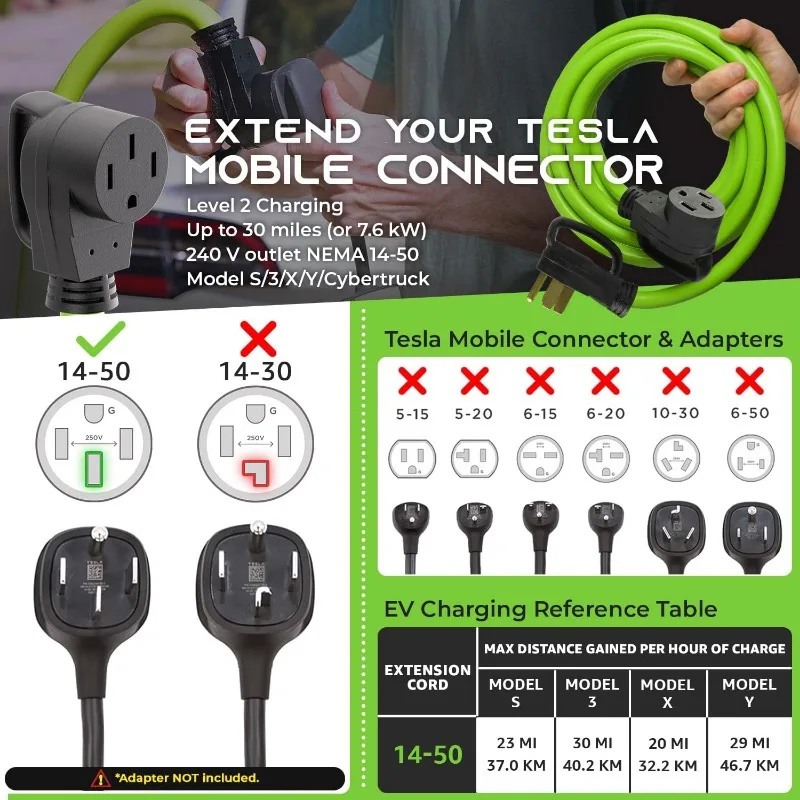 Cabo de extensão de 50 A para RV e EV, 250 volts, 4 pinos, compatível com Tesla Model 3 Model Y Model X S, NEMA