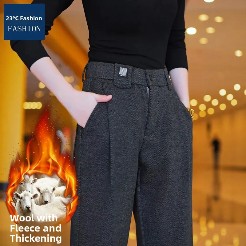 

Men's Winter Thi Woolen Casual Pants mid Waist Straight Leg Commuter Pants Fce Lined Busin Gentleman Sle Polyester ...