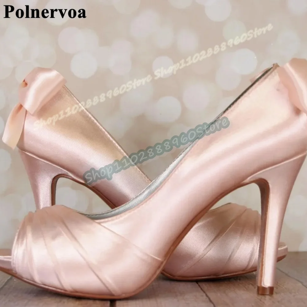 

Pink Satin Bowknot Shallow Banquet Pumps Stilettos High Heel Shoes For Women Slip On Peep Toe Stylish 2026 Zapatos Para Mujer