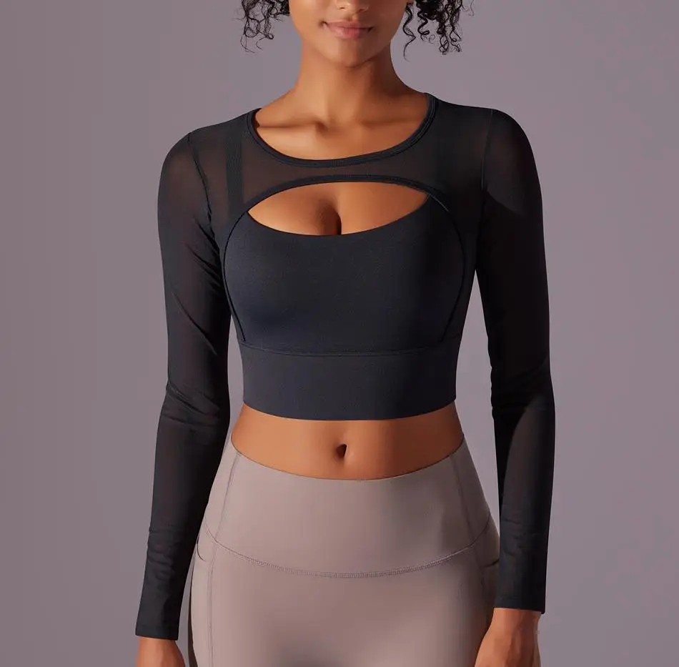 MIML 2026 Women's Sexy Mesh Semi-Transparent Double Splice Long Sleeve Tight Elastic Yoga Sportswear Fitness Top for Women Sport