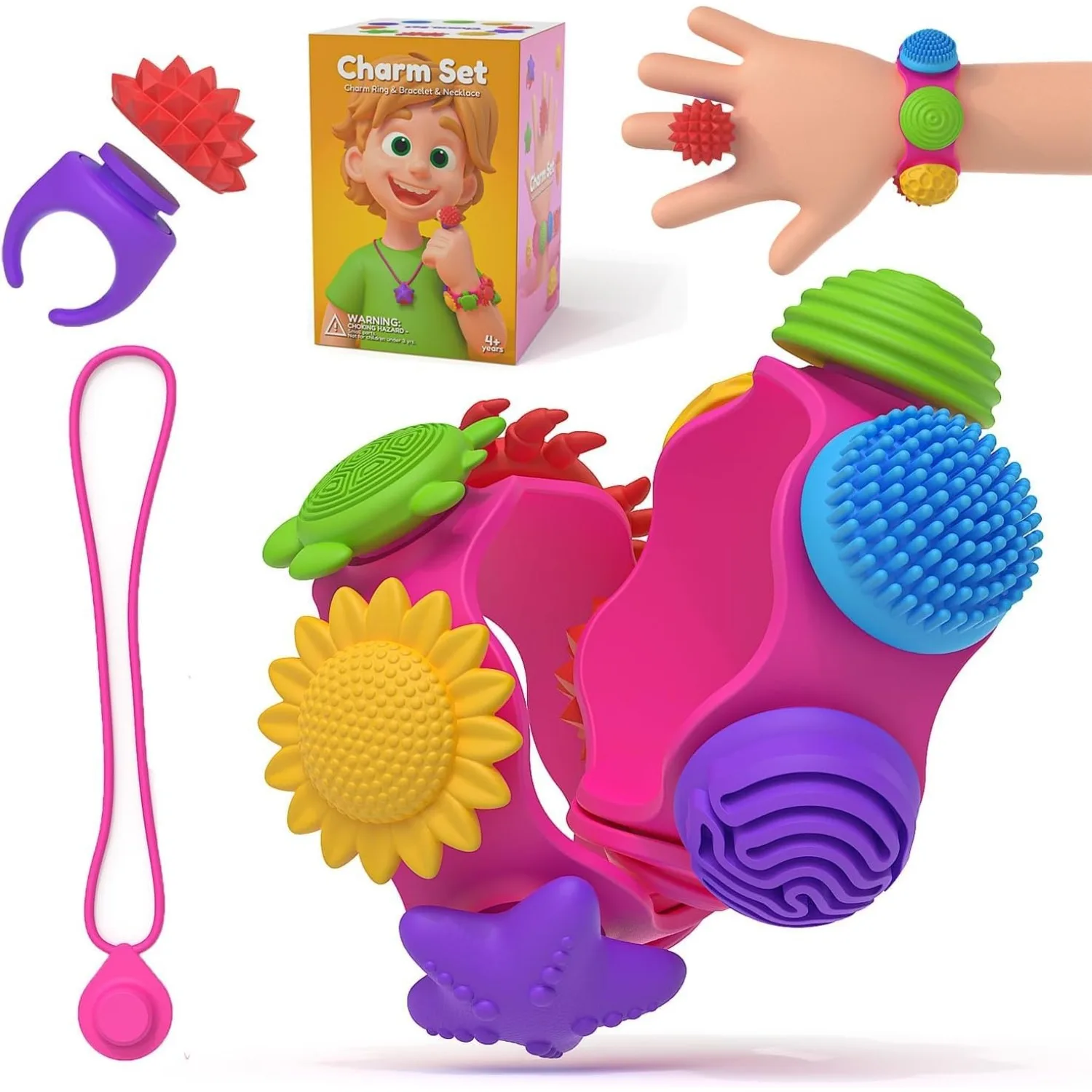 Sensory Fidget Toys 22 Pcs: Wearable Necklace, Bracelet & Fidget Spinner Ring with 15 Charms for Pain Stimming Relief